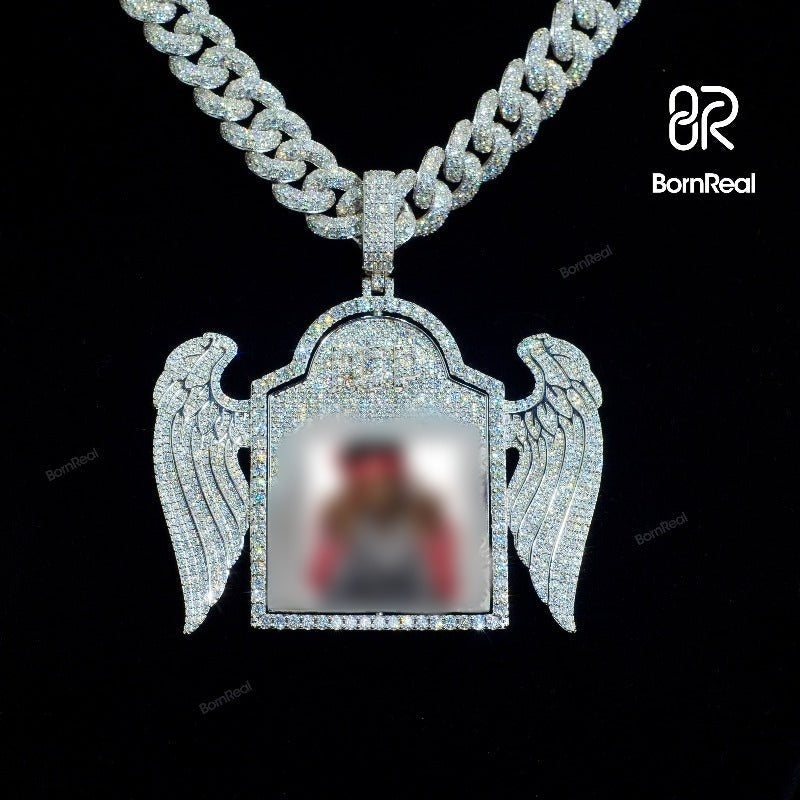 Custom Moissanite  Wings DIY Photo Chain Hip Hop Memory Picture Pendant