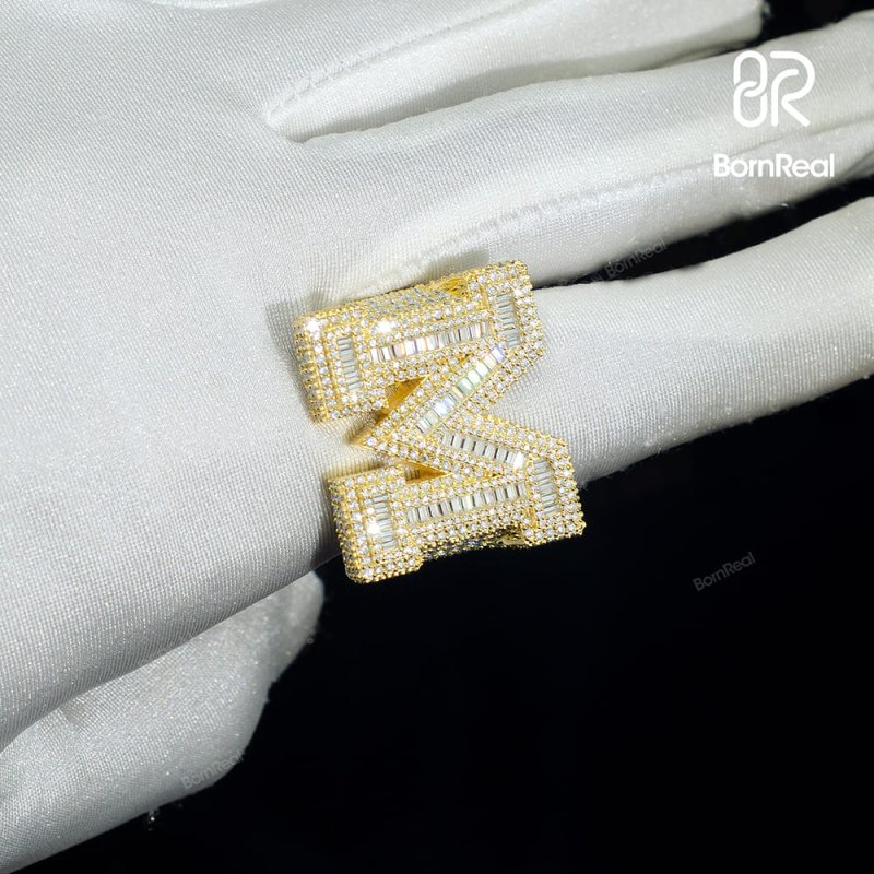 Custom VVS Moissanite Baguette Diamond Initial Letter Iced Out Ring For Men