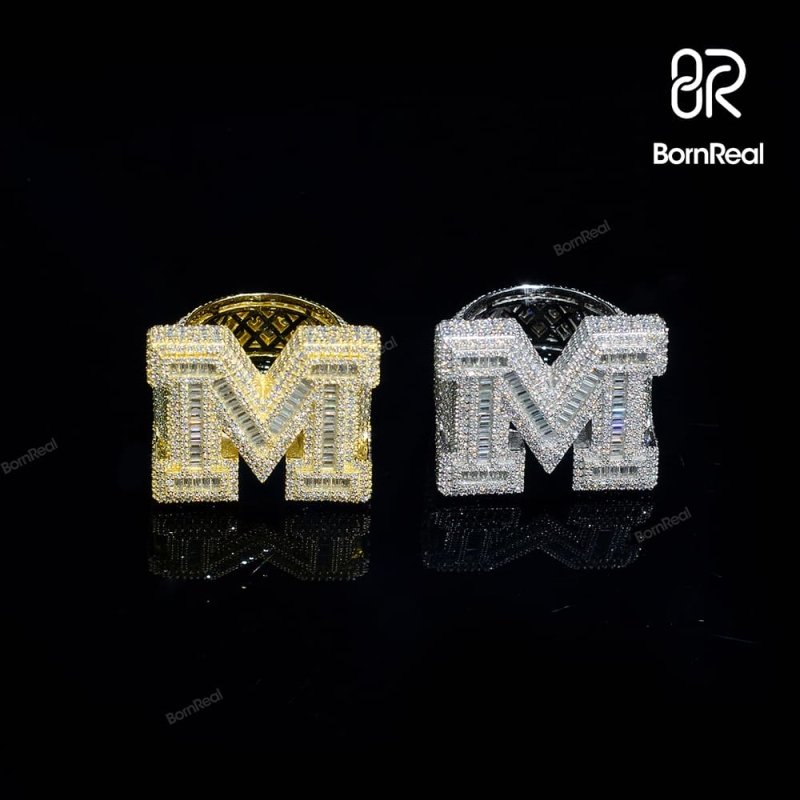 Custom VVS Moissanite Baguette Diamond Initial Letter Iced Out Ring For Men