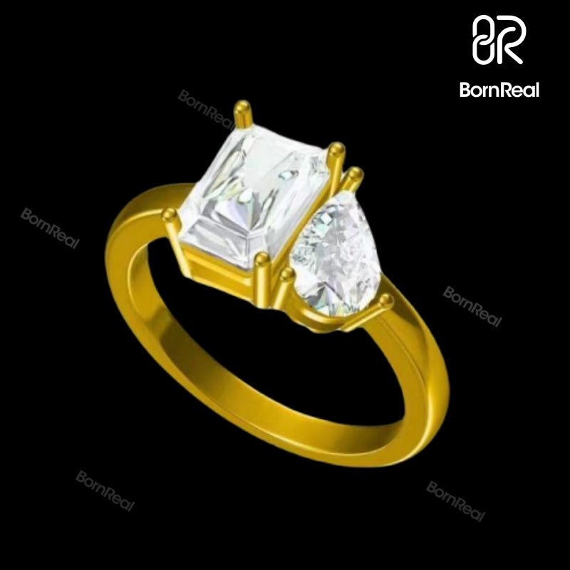 Emerald Shaped Step Cut Moissanite And Round Diamond Engagement Ring For Women