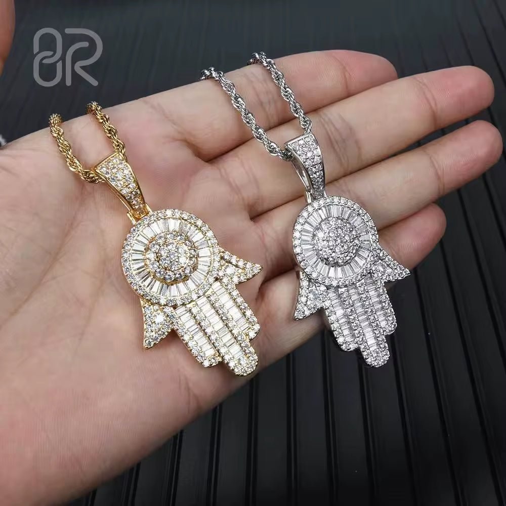 Hamsa Hand 1.5" D Color Moissanite Diamond 925 Silver Pendant Custom 925 Silver 10K/14K/18K Real Gold Diamond Rapper Jewelry