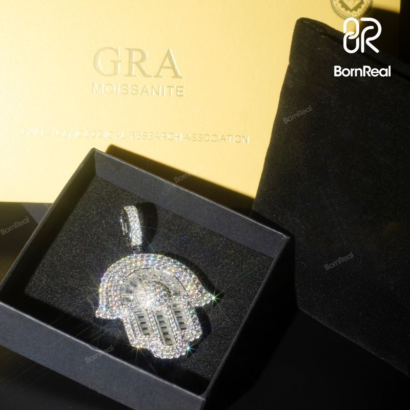 Hamsa Hand D Color Moissanite Diamond 925 Silver Pendant 2"