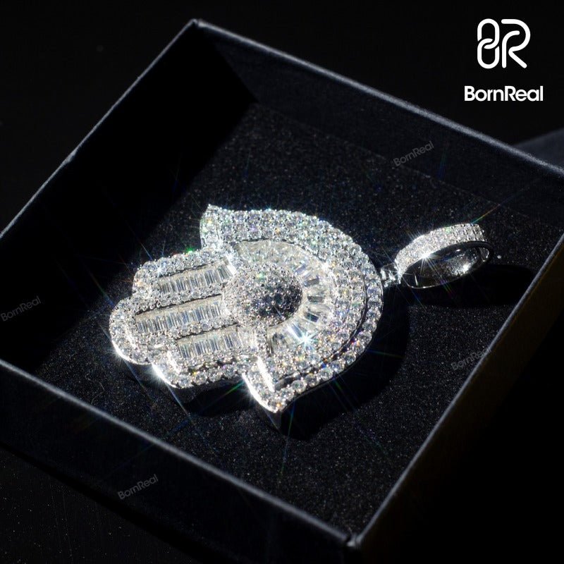 Hamsa Hand D Color Moissanite Diamond 925 Silver Pendant 2"