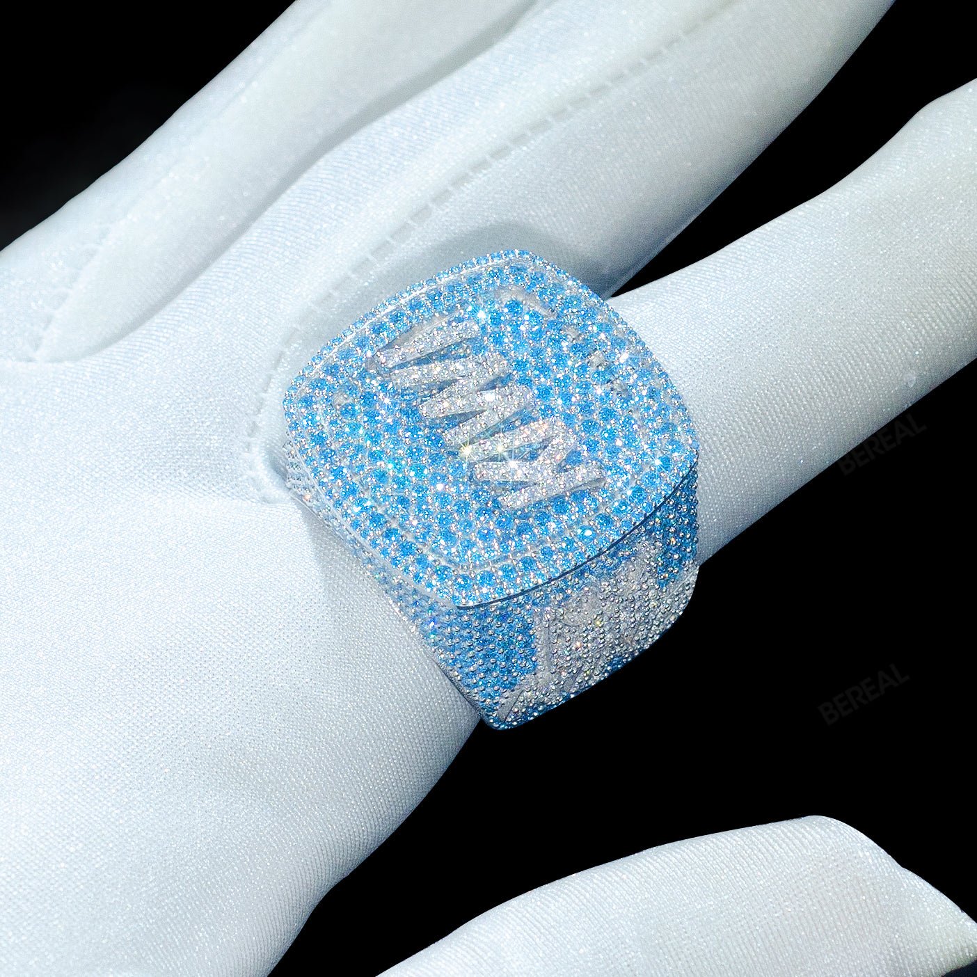 Iced Out Diamond Blue Letter Ring Men Custom 925 Silver 10K/14K/18K Real Gold Diamond Rapper Jewelry