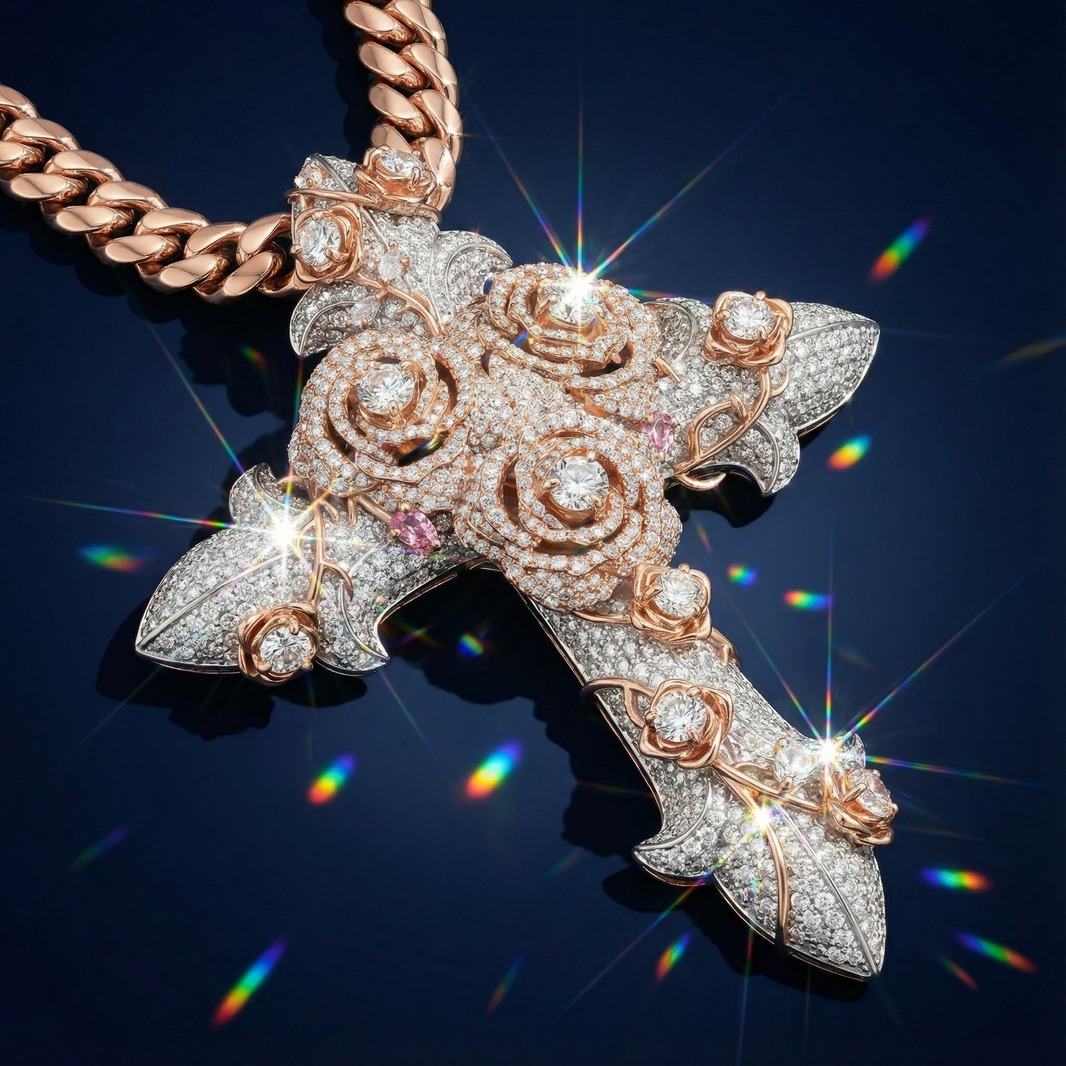 Hip Hop VVS Moissanite Diamond Flower Cross Pendant