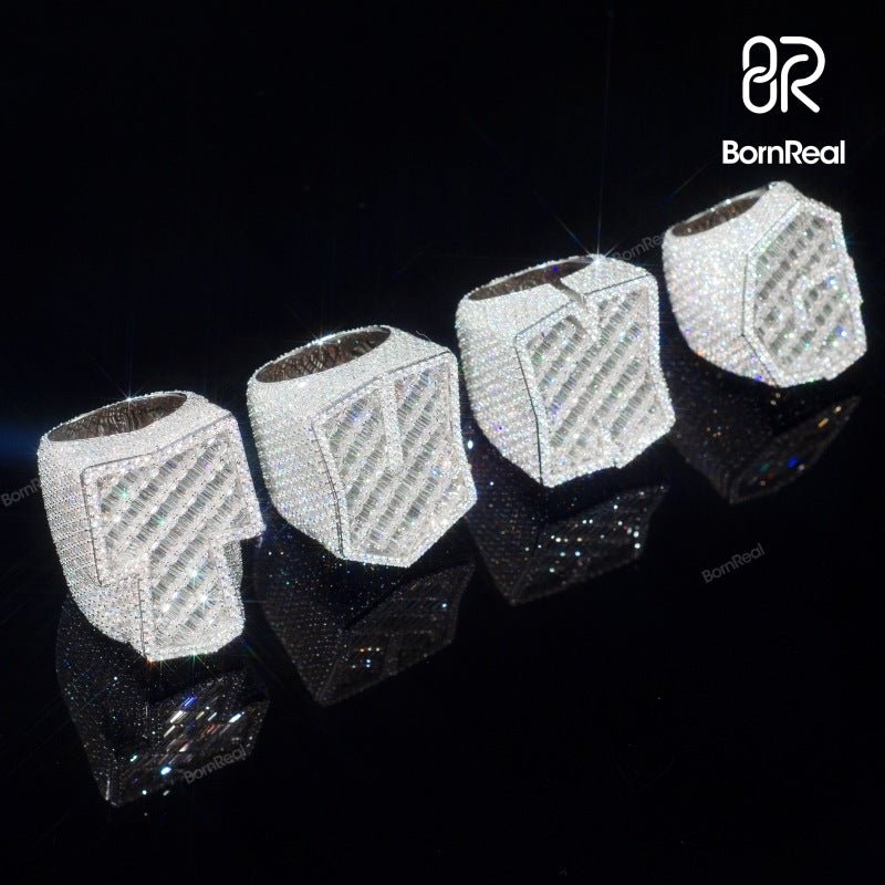 Luxury Custom Iced Out VVS Moissanite Baguette Diamond Hip Hop Initial Letter Ring