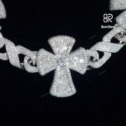 New Design Iced Out 16MM Heavy Baguette Cross Moissanite Diamonds Mixed Cuban Link Rapper Chain