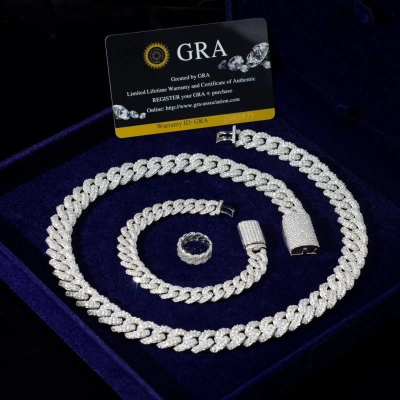 Pass Diamond Tester VVS Moissanite 925 Silver 14MM Cuban Link Chain and Ring Set