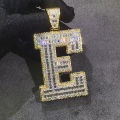 Baguette Cut Yellow Gold Thick Letter 925 Silver Moissanite Initials Pendant Custom 925 Silver 10K/14K/18K Real Gold Diamond Rapper Jewelry