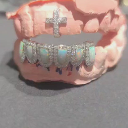 Custom Design High Quality Pre-made Opal VVS Moissanite Diamond Grillz Custom 925 Silver 10K/14K/18K Real Gold Diamond Rapper Jewelry