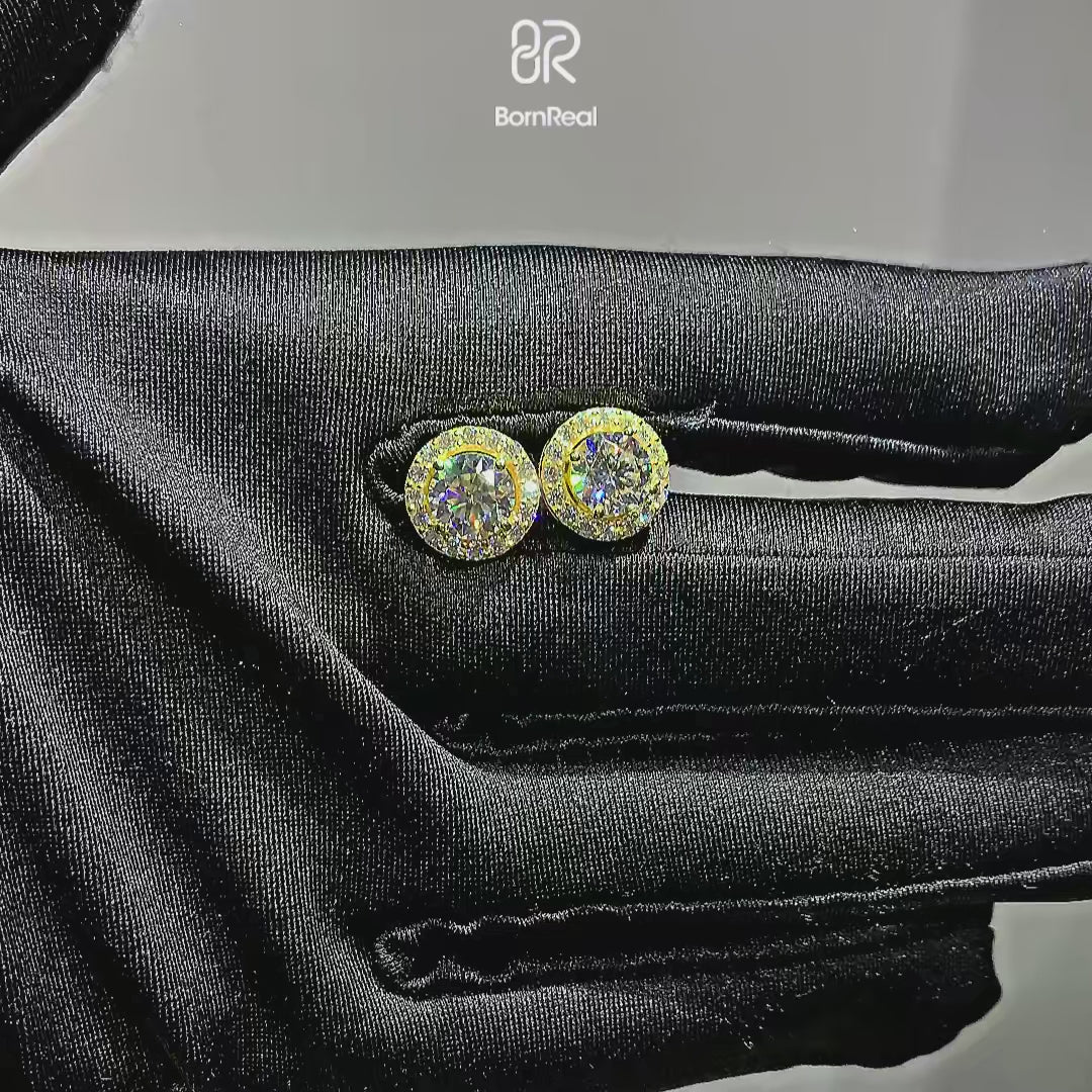 Yellow Gold Iced Out 925 Silver Cluster Halo Earrings