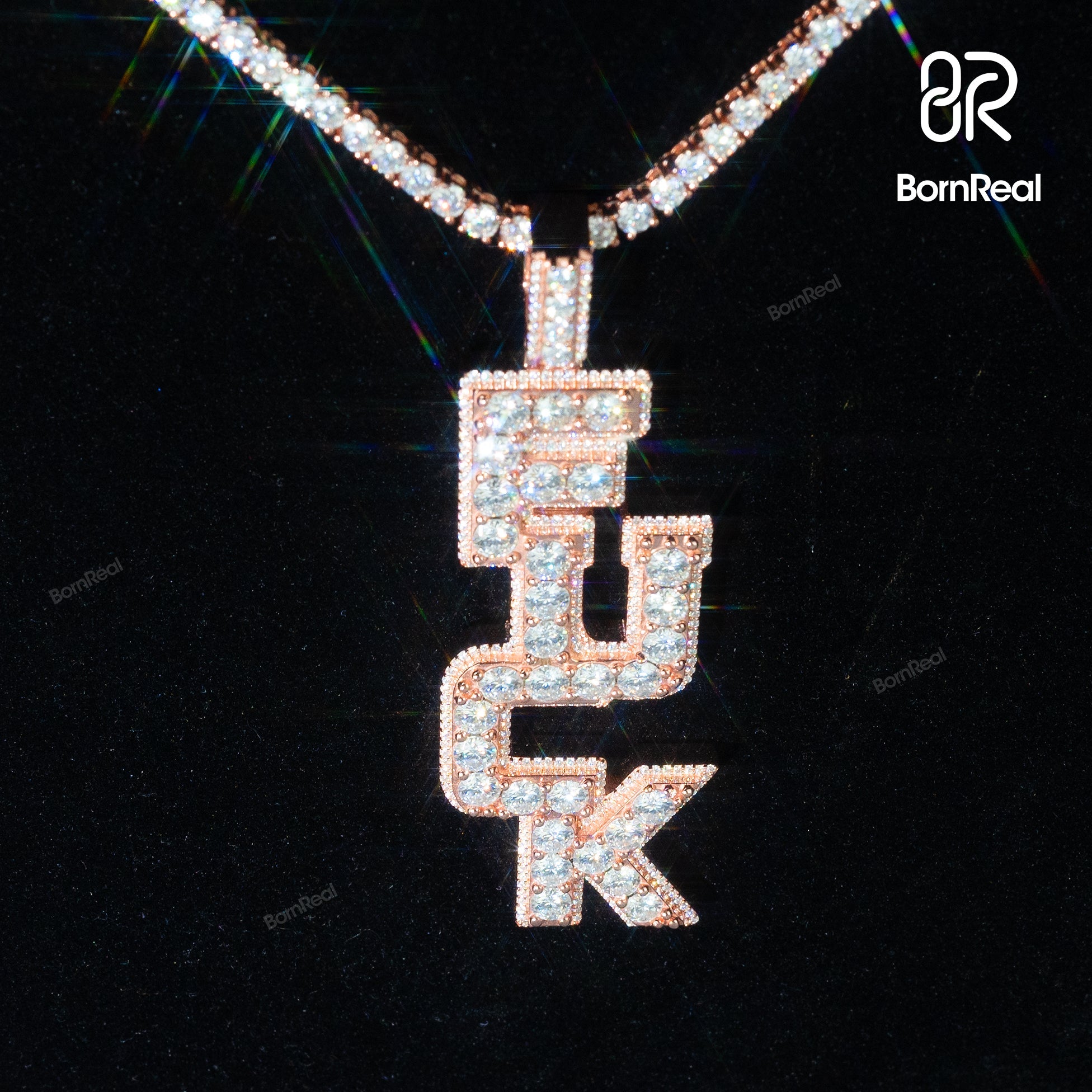 Rose Gold Moissanite Hip Hop Iced Out 'FUCK' Custom Letter Pendant - Custom Silver 10K/14K/18K Real Gold Diamond Rapper Jewelry