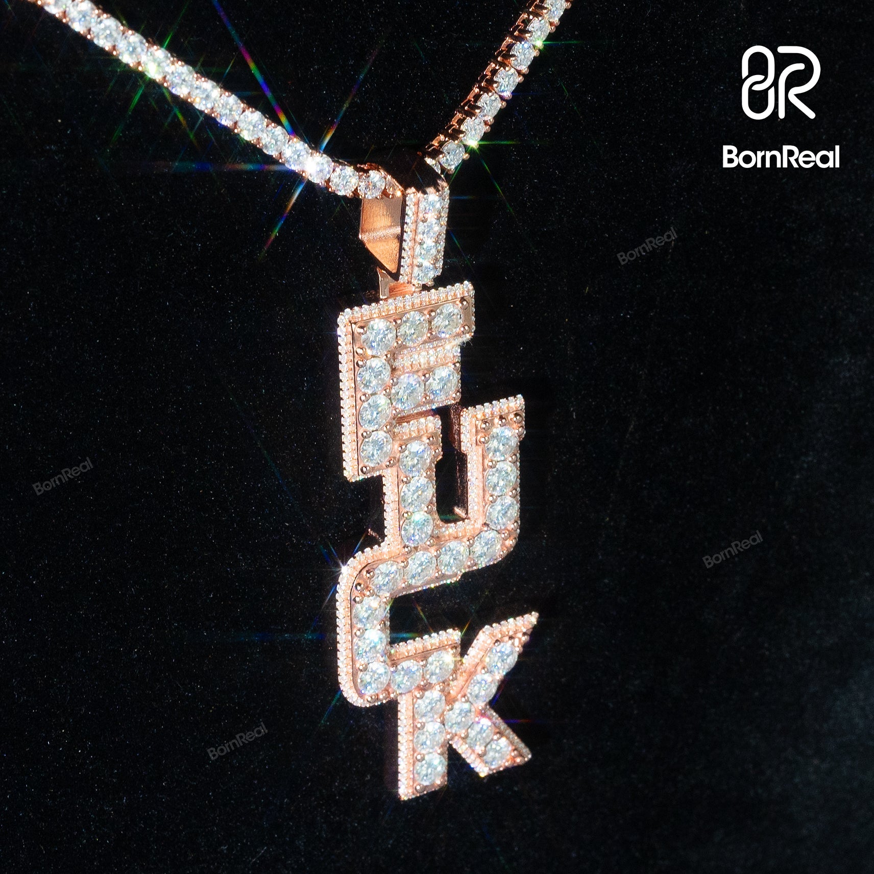 Rose Gold Moissanite Hip Hop Iced Out 'FUCK' Custom Letter Pendant - Custom Silver 10K/14K/18K Real Gold Diamond Rapper Jewelry