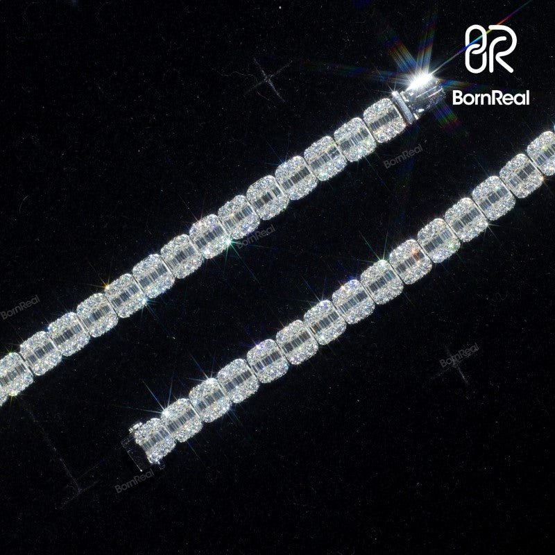 VVS Moissanite Baguette Diamonds Rectangle Necklace Bracelet White Gold Men Women Fine Jewelry 8MM