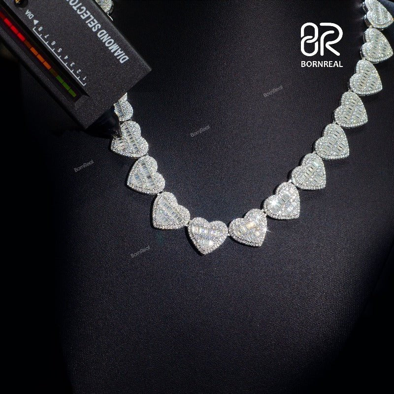 Custom 15MM High Quality Baguette Moissanite Iced Out Heart Shape Hip Hop Tennis Chain Bornreal Jewelry - Bornreal Jewelry