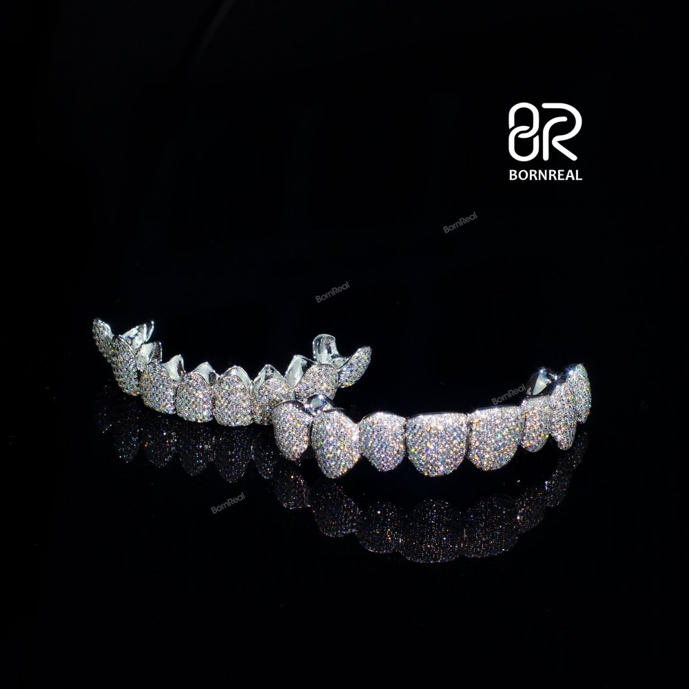 Custom Fashion Hip Hop Jewelry 925 Sterling Silver Iced Out VVS Diamond Round Cut Honeycomb Moissanite Teeth Grillz For Mens