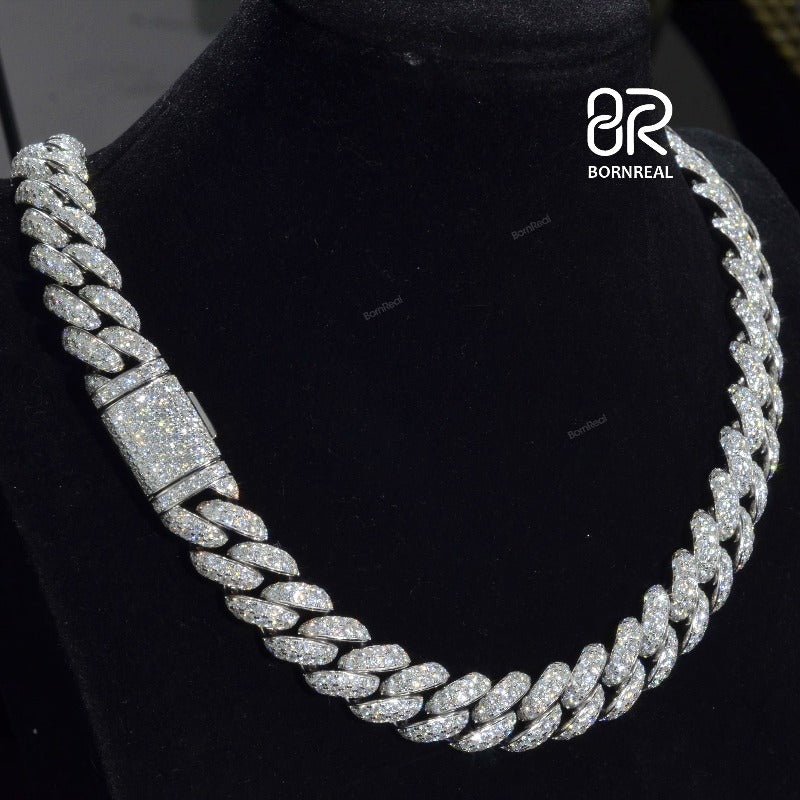 Custom Iced Out Hip Hop Mens Sterling Silver Moissanite Rapper Cuban Link Chain 8MM/10MM/12MM/14MM Bornreal Jewelry - Bornreal Jewelry