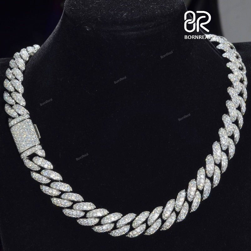 Custom Iced Out Hip Hop Mens Sterling Silver Moissanite Rapper Cuban Link Chain 8MM/10MM/12MM/14MM Bornreal Jewelry - Bornreal Jewelry