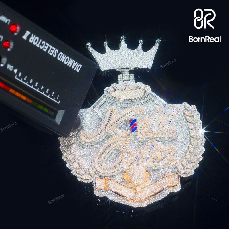 Custom Moissanite Crown Iced Baguette Diamond Logo Pendant