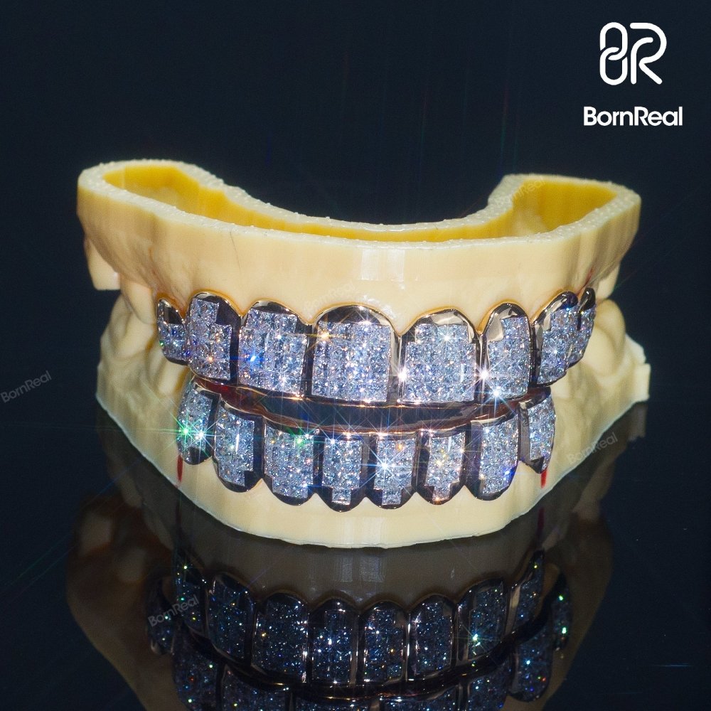 Custom VVS Diamond Grillz Top OR BOTTOM Natural Princess Cut Invisible Setting Iced Out Moissanite Grillz Bornreal Jewelry - Bornreal Jewelry