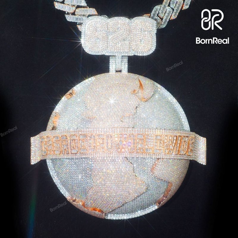 Custom VVS Moissanite Iced Out Round Baguette Cut Earth World Map LOGO Pendant