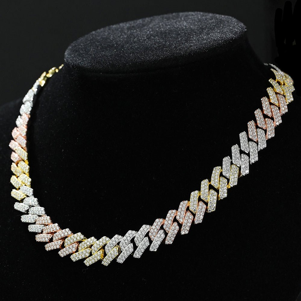 Mix Color VVS Moissanite Diamond 925 Silver Cuban Link Chain 14mm Bornreal Jewelry - Bornreal Jewelry