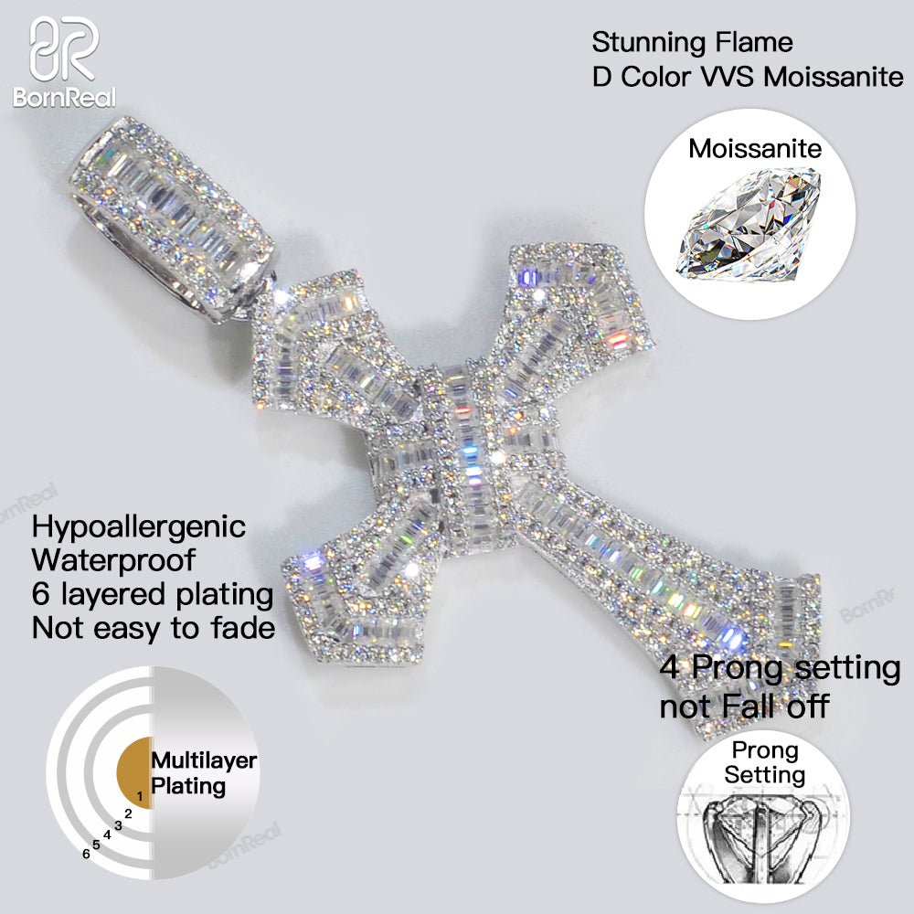 Pass Diamond Tester VVS 925 High End Baguette Moissanite Diamond Iced Out Cross Pendant 1.5“