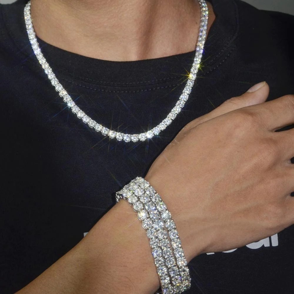 Pass Diamond Tester VVS Moissanite 925 Sterling Silver Tennis Chain & Bracelet For Men