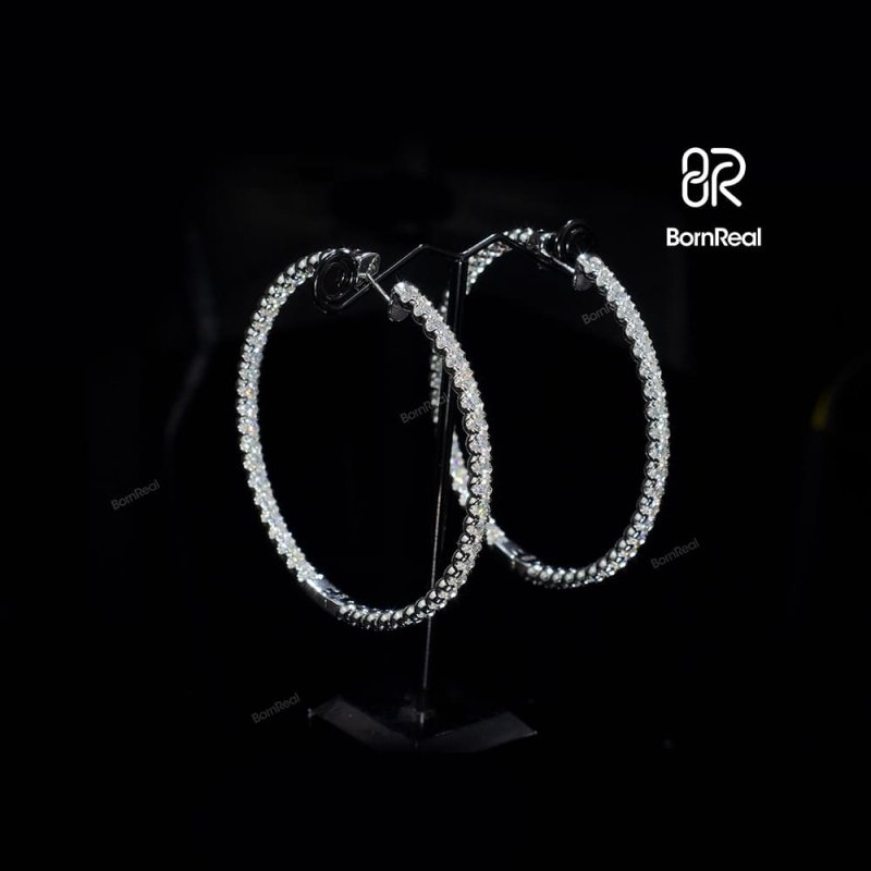 Round Moissanite Out-Side Hoop Earrings In Solid Bornreal Jewelry - Bornreal Jewelry